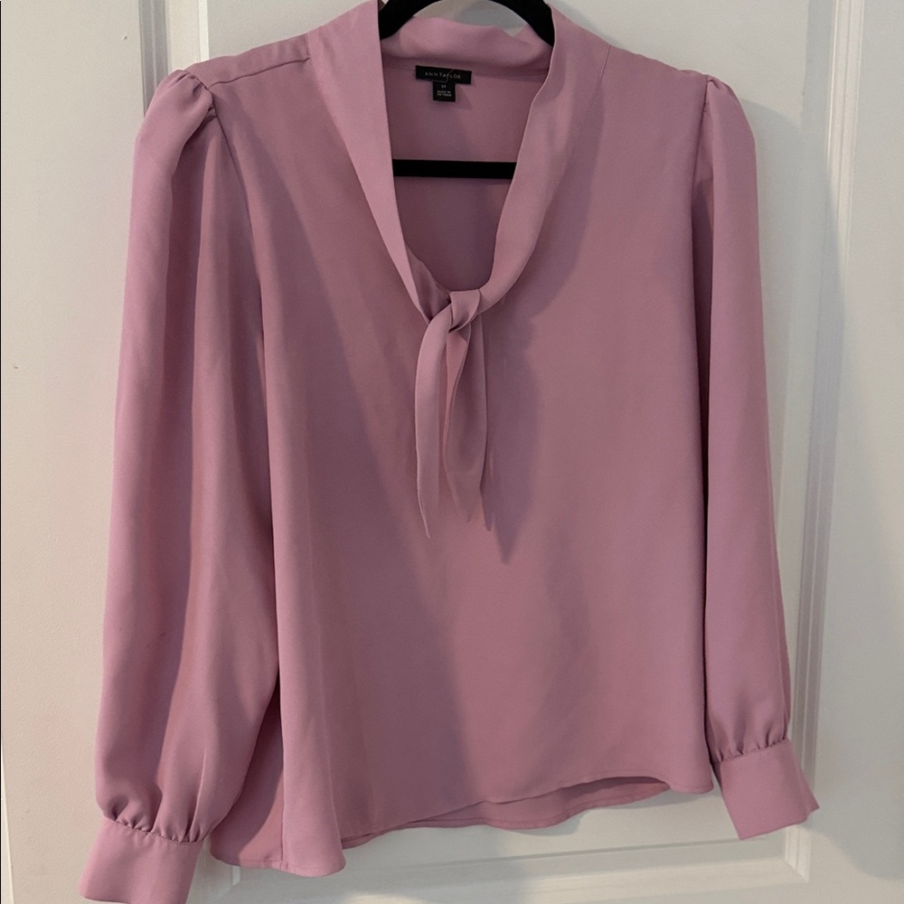 Ann Taylor Mauve Tie-Neck Blouse Long Sleeve Work Top